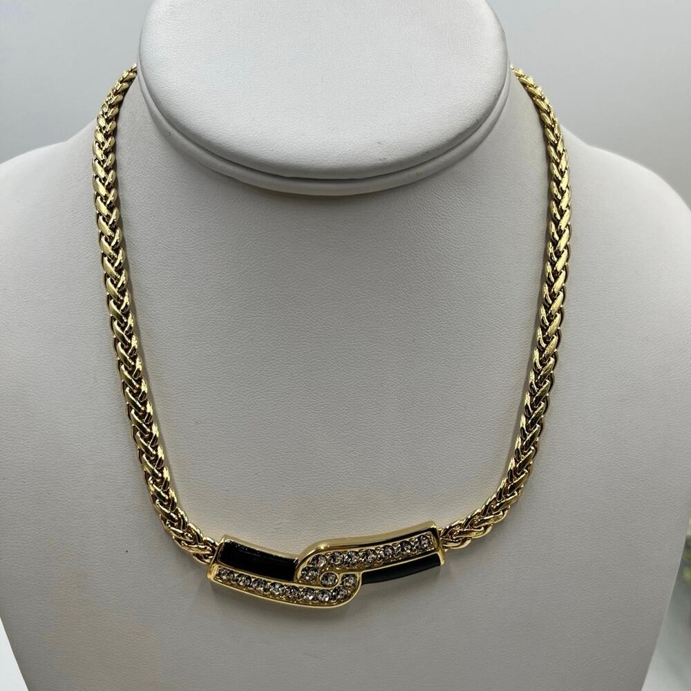 SWAROVSKI Swan Vintage 1990's
Gold Black Enamel Classic Statement Necklace
